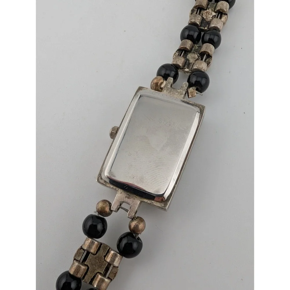 Geneva Watch Women 19mm Case Silver & Black Beaded Band Toggle Clasp New Battery